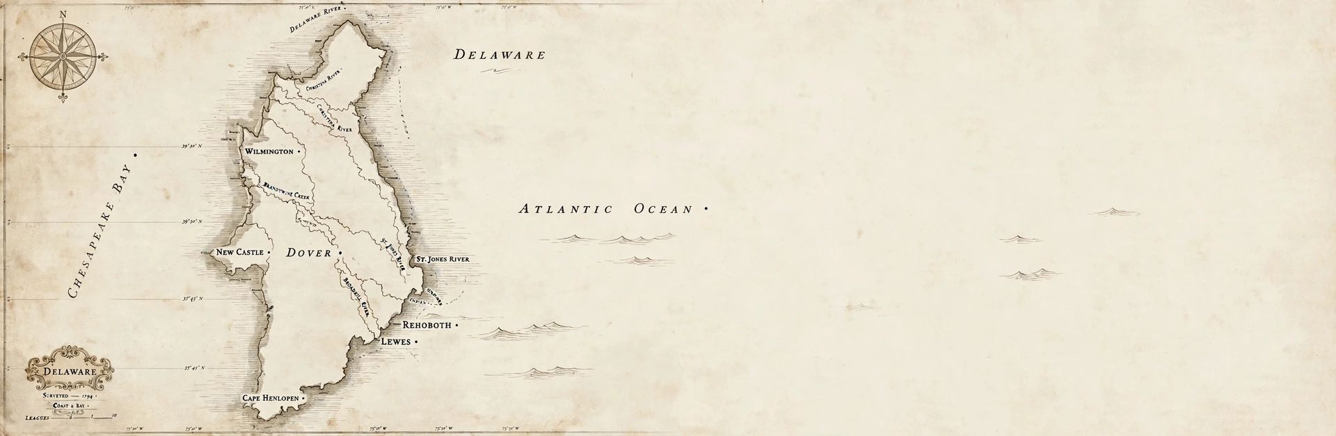 Antique nautical chart of Delaware — coast and bay, surveyed 1794